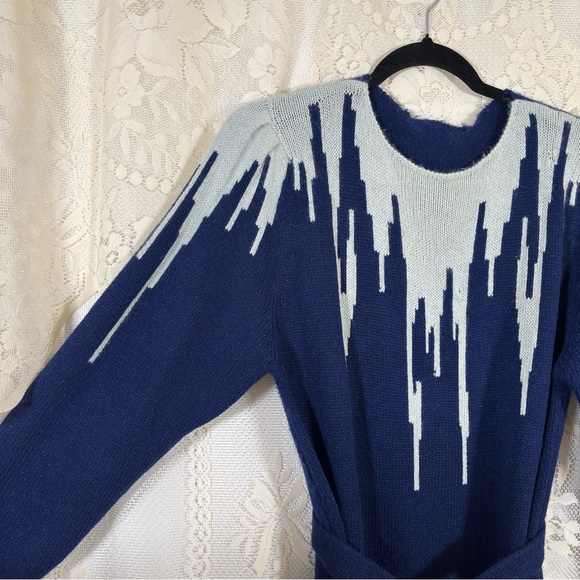 Vintage 80s Knit Sweater Dress Navy Blue Grey Long Sleeve Belted Size Medium - Picture 6 of 9